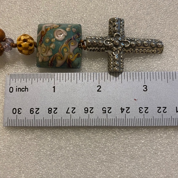 Bayong Wood Bead Necklace - Pewter Cross, Glass Bead, Carved Bone Bead - Picture 8 of 13